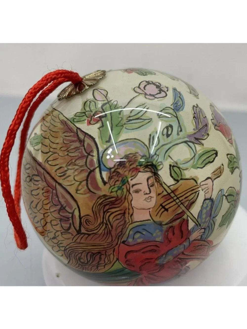 Vintage Christmas Glass Ornament Round Reverse Inside Hand Painted Angel Violin